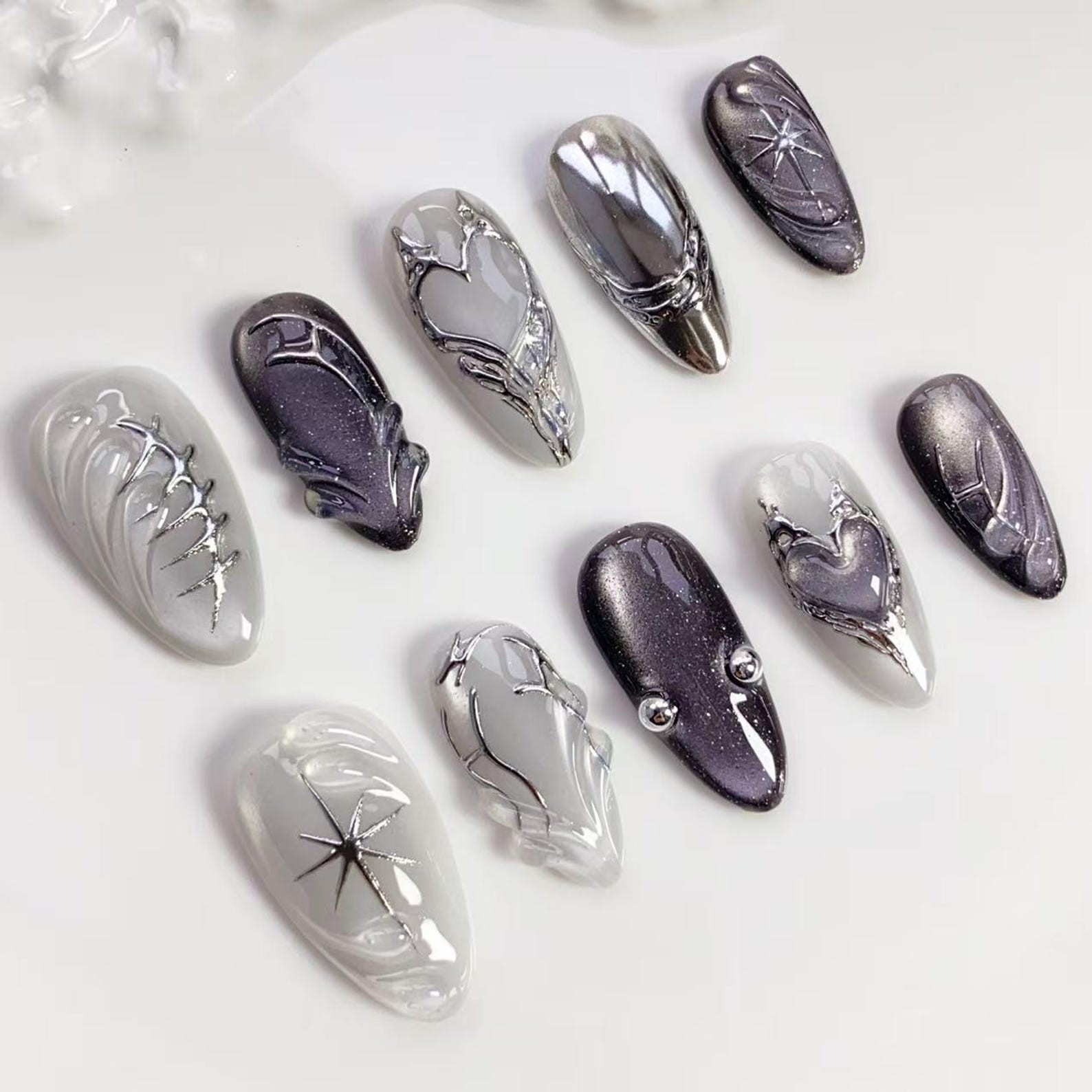 Handmade Dark Purple Silver Metal Heart Star Medium Almond Press on Nails