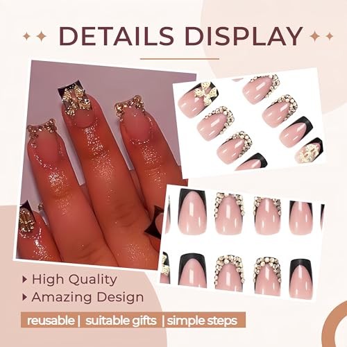 24pcs Black French Tip Press on Nails Short Square Gold 3D black french tips