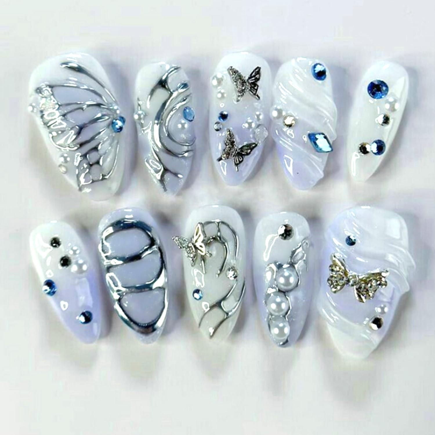 24Pcs Flower Press on Nails Medium Almond Fake Nails with 3D Bow Rose Gold Beads