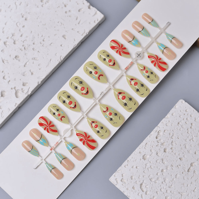 48 Pcs Clown Candy Print Press on Nails, Medium Almond Beige Trendy Fake Nails