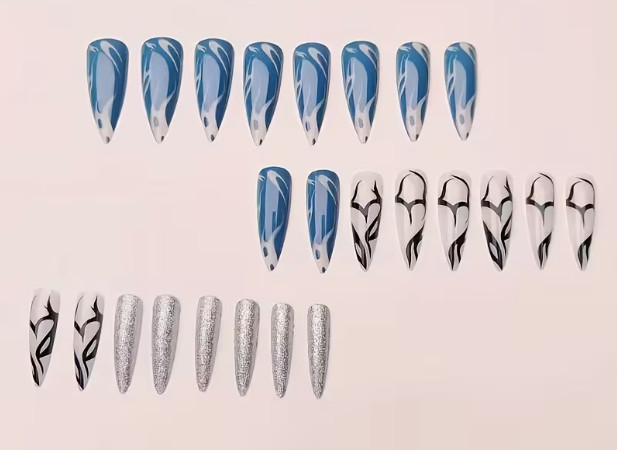 24 Pcs Press-On Nails Long Allmond Glossy – White, Black, Grayish Blue, Glitte