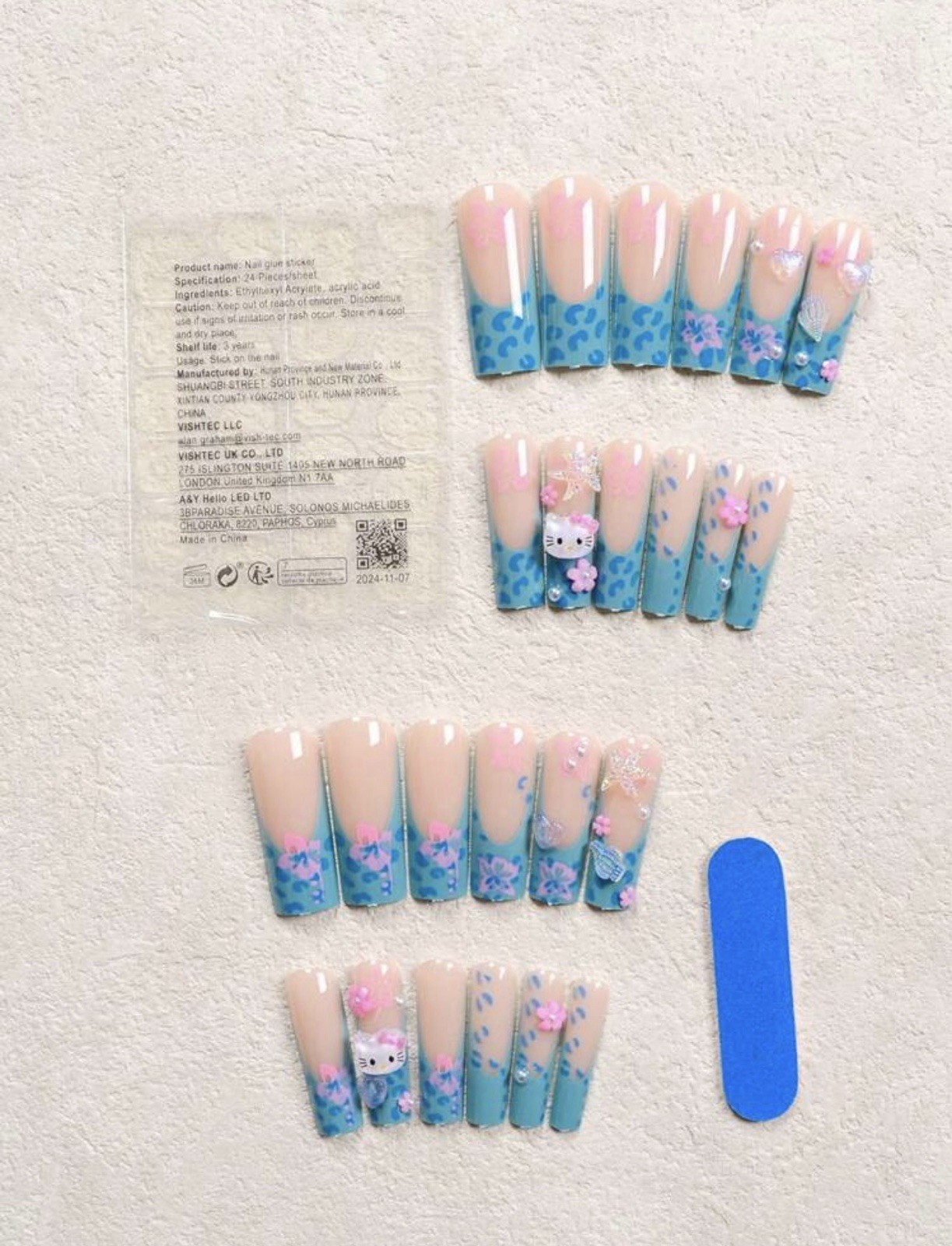 Sanrio 24pcs Hello Kitty Long Coffin Press-on Nails , Blue Leopard, French Style