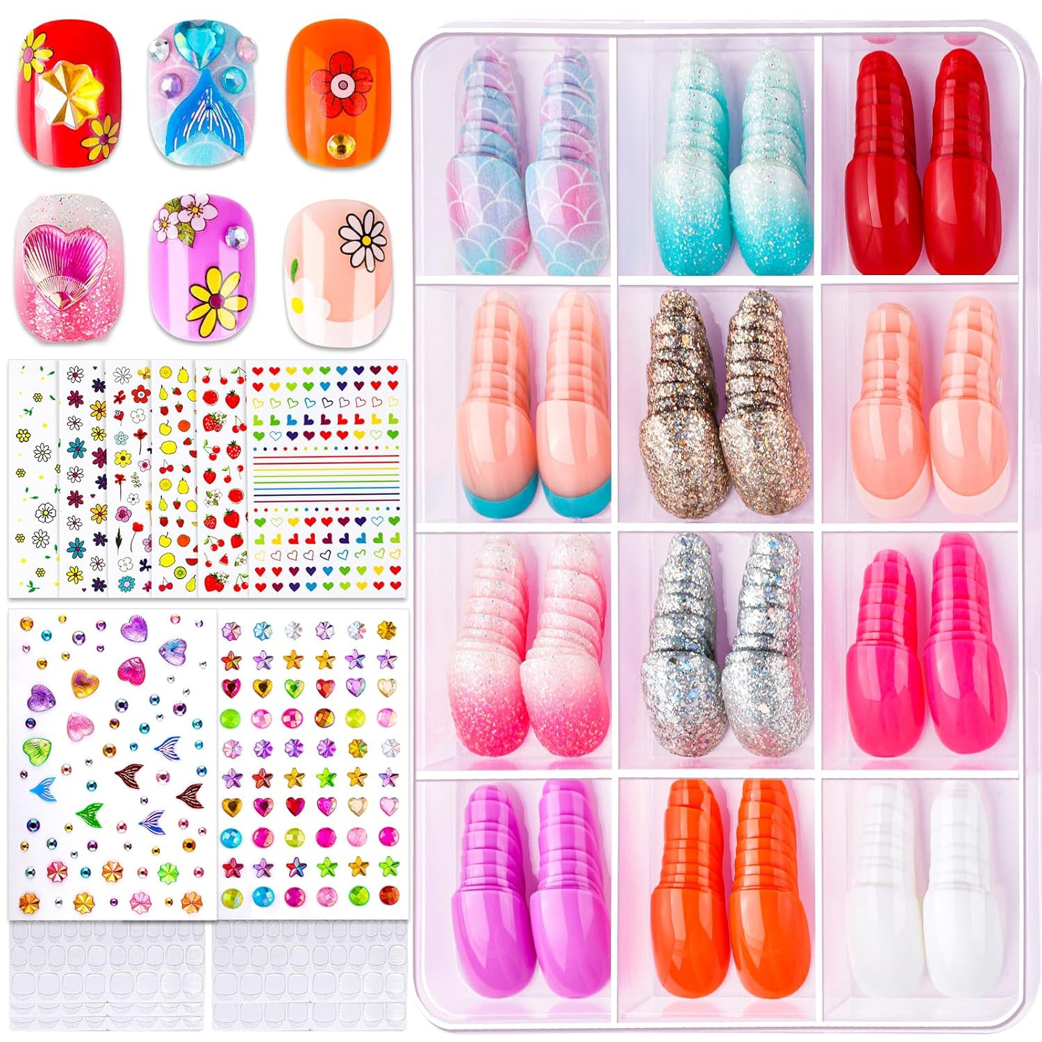 Kids Press On Nails Art Kit 12 Styles with Stickers Gems Rhinestones Fun DIY Pla