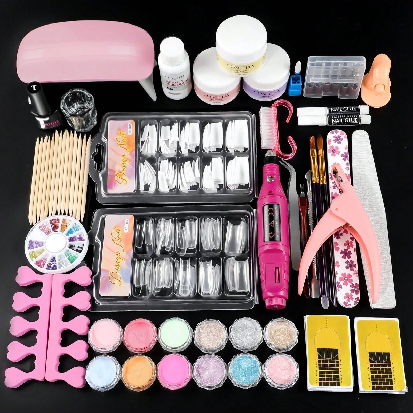 Acrylic Nail Kit with Drill UV Light 16 Colors Powder Beginner Set
