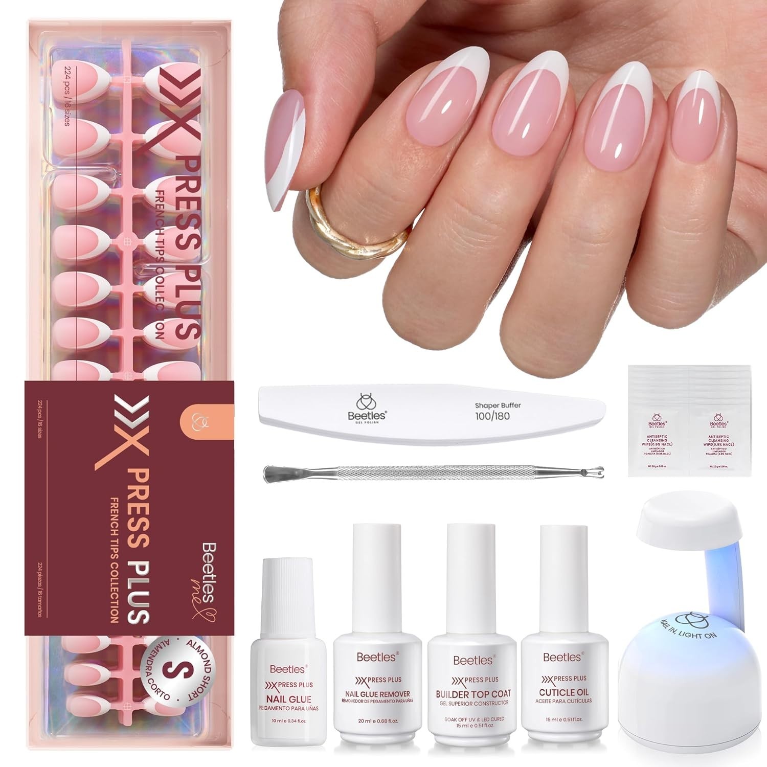 Beetles All-in-One Gel Nail Kit: 224 French Almond Press On Nails & Mini Lamp