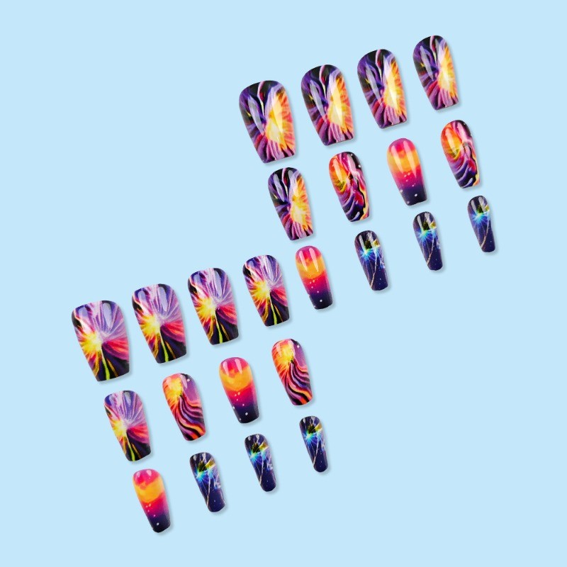 48pcs- Cosmic Swirl Press on Nails, Purple Orange Galaxy Art Medium Coffin Nails