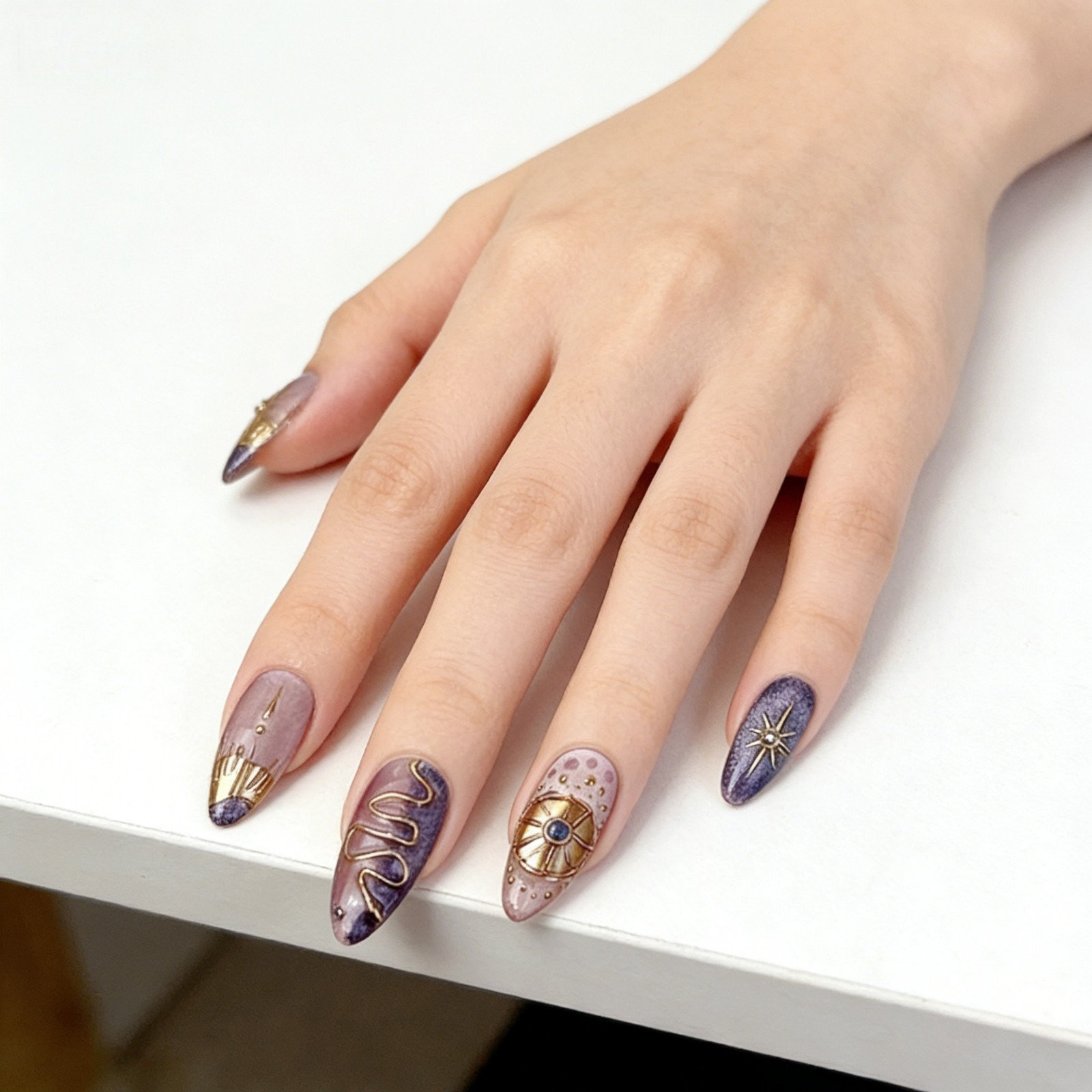 Press On Nails Medium Almond Purple Gold Celestial Moon Star Nail Art Glue Set
