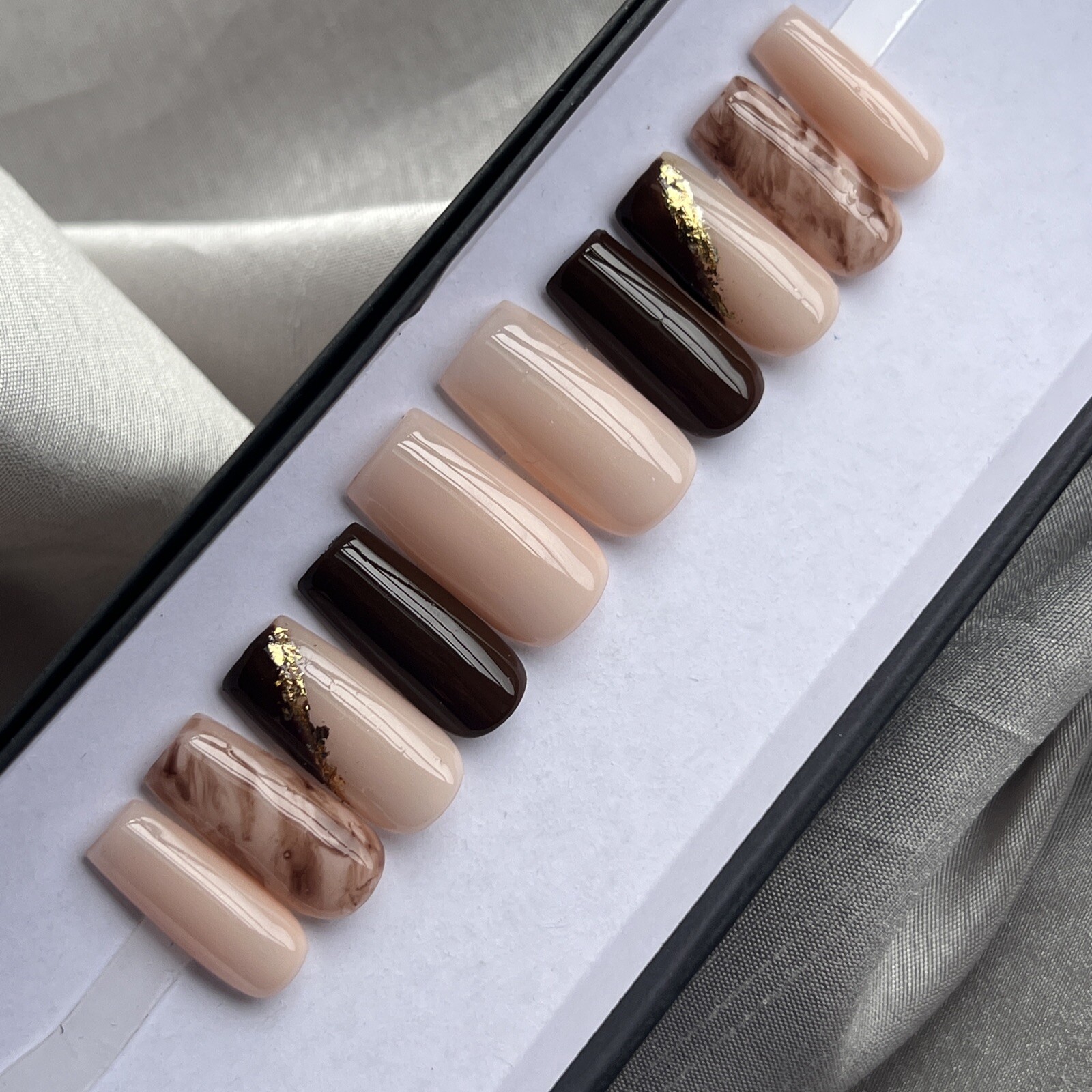 🔥CUSTOM Gel Press On False Nails, NUDE BROWN GOLD, Med square , 10p w/ FULL KIT