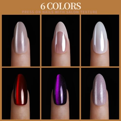 Press On Nails Almond, 6 Colors Cat Eye Press On cat eye/chrome/french tip
