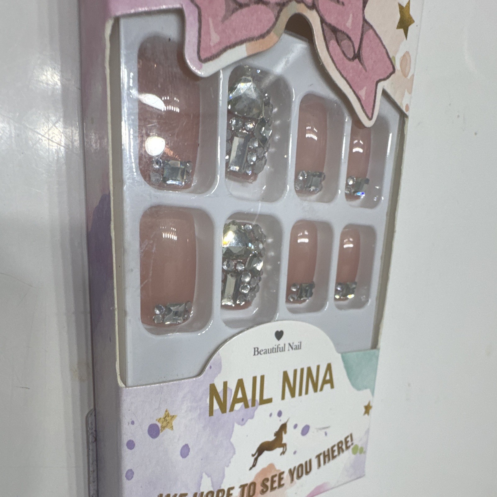 Nail Nina Press-On Nails Pink Silver 3D Shiny Square Full Cover Acrylic Set