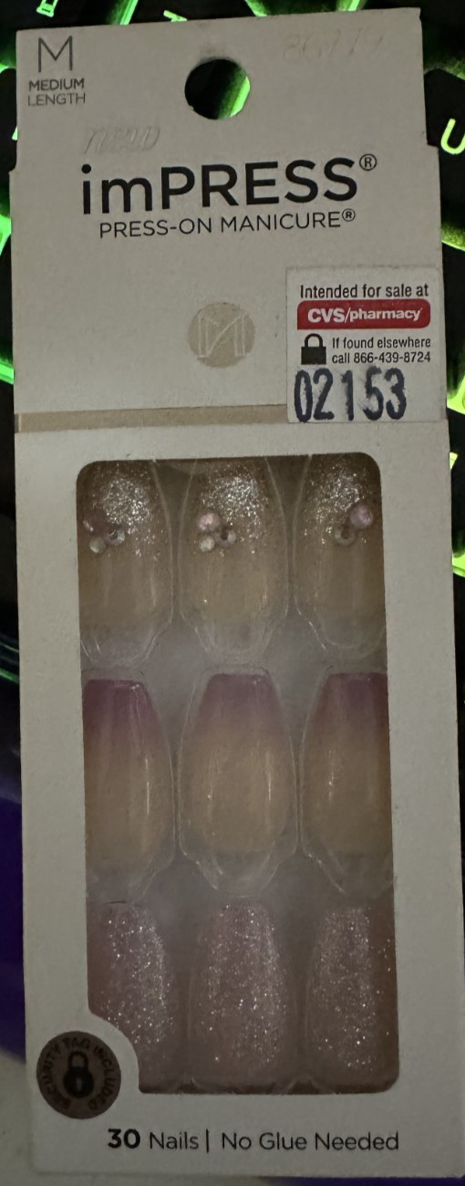 Impress! Kiss Manicure Nails Gloss Almond Medium Purple Ombre Glitter Jeweled