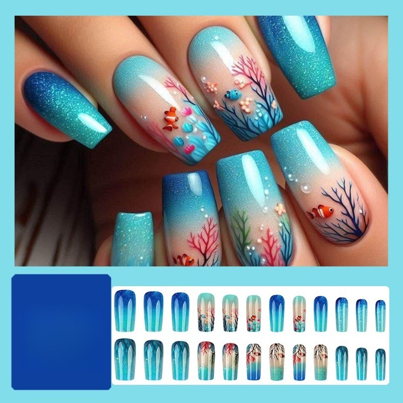 48pcs-Underwater Press on Nails, Blue Ombre with Coral, Fish and Glitter Accents