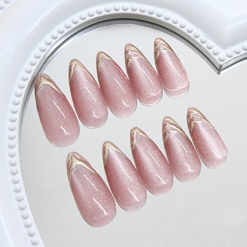 French Tip Press on Nails Medium Almond Fake Nails Bling French Tip Nails-19