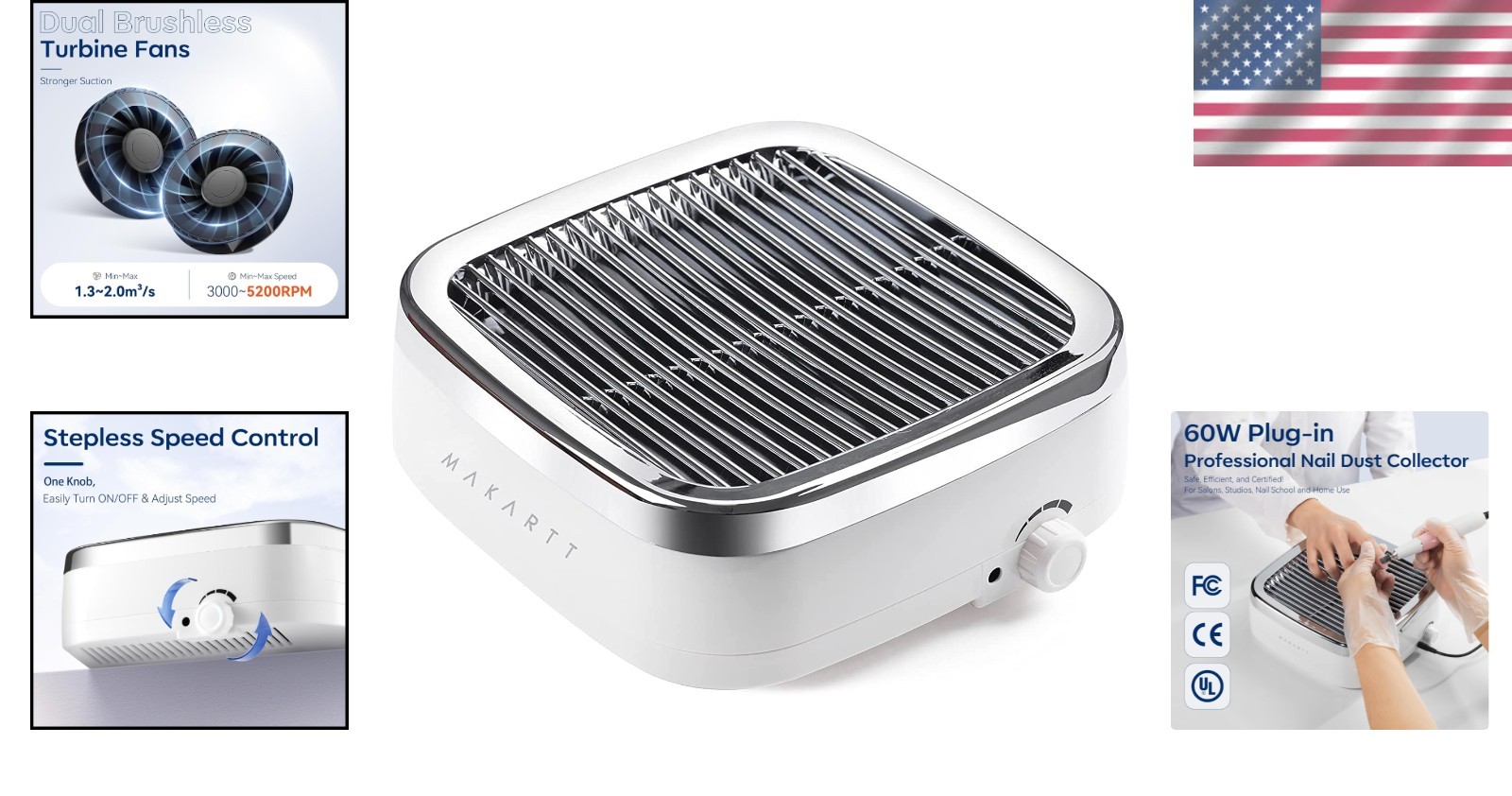Nail Dust Collector Plug-in 60W Dual Turbines Adjustable Suction Indoor