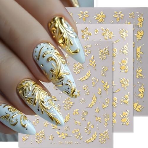 6 Sheets Gold Nail Stickers for Nail Art 3D Self-Adhesive Metallic Floral Leaf