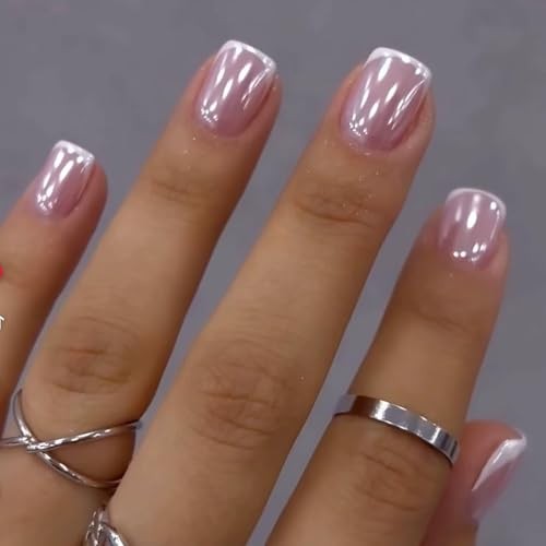 Chrome French Tip Press on Nails Extra Short Square Shaped Fake Nails Glossy 25