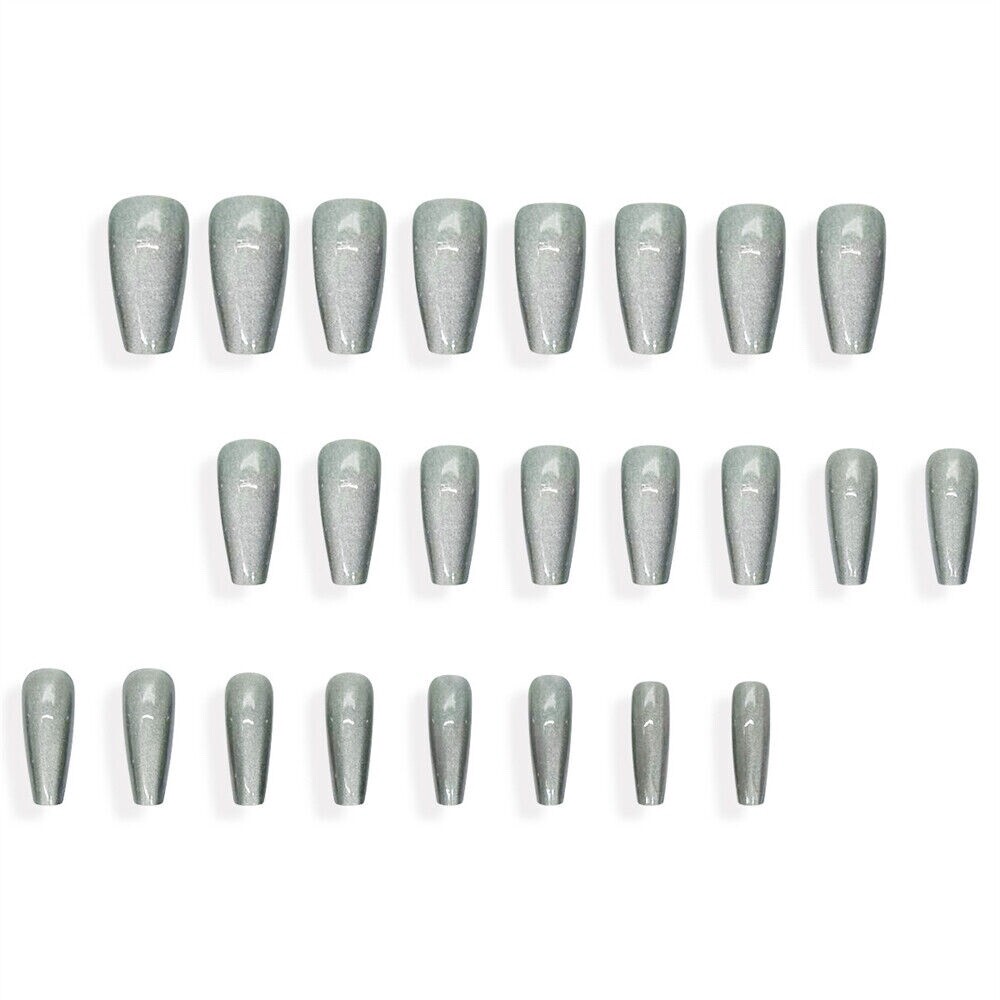 Medium Coffin Press-On Fake Nail Luxurious Gray White Cat’s Eye Manicure 24pcs