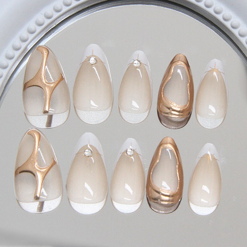 24pcs French Style Starburst 3D Golden press on Nails, Medium Almond Shape