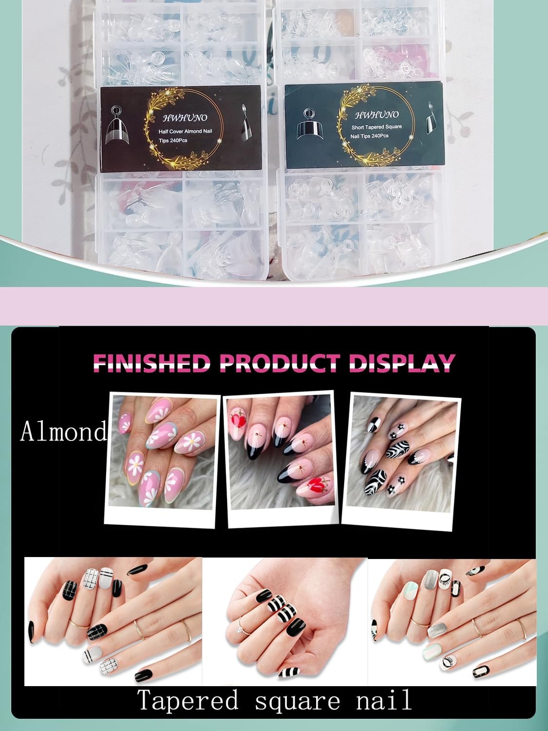 480Pcs Extra Short Half Cover Almond &Tapered Square Nail Tips Gel x Clear Se…