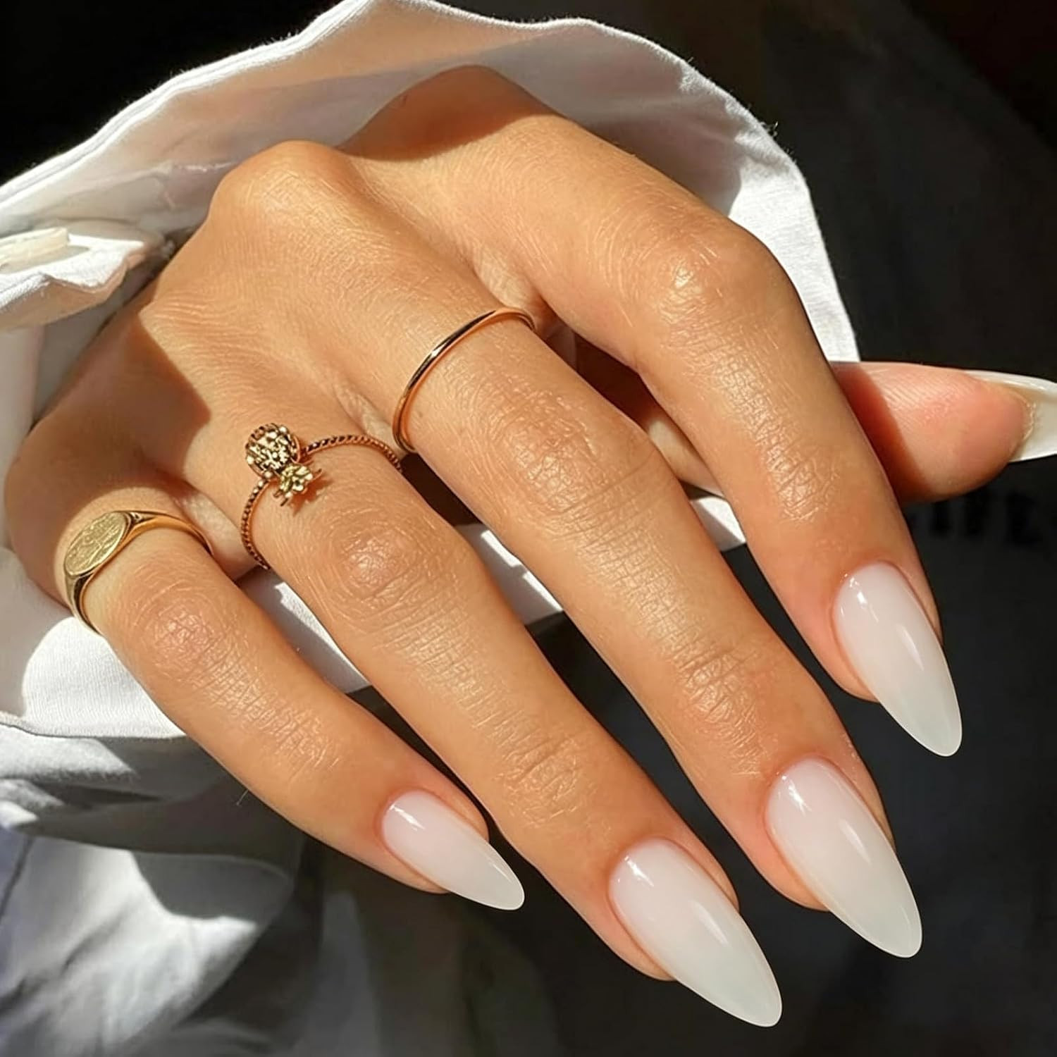 Milky White Almond Press on Nails Medium Fake Nails for Women | Glossy, Acrylic