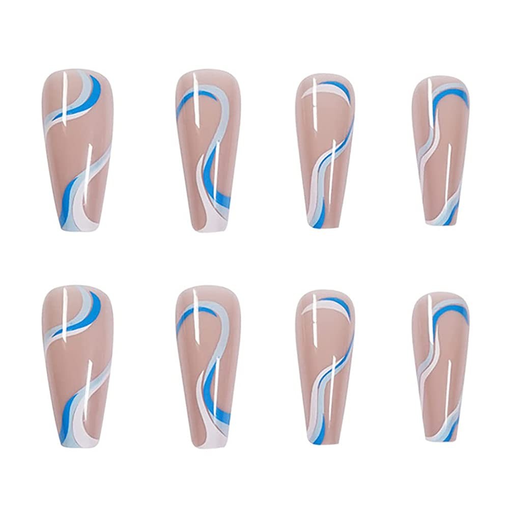 Extra Long Coffin Press on Nails – Coffin Blue Fake Nails Full Cover Ballerin…
