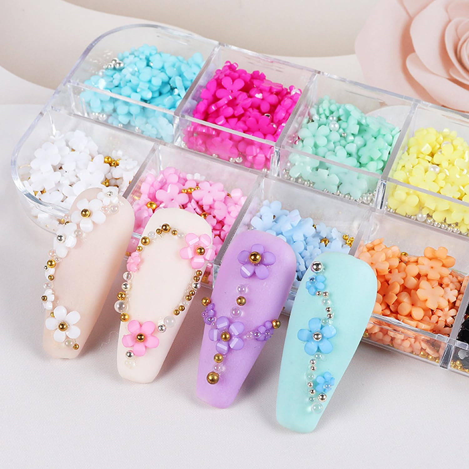 12 Grid 3D Flowers Nail Charms Acrylic Colorful Flowers Nail Art Rhinestones Gol