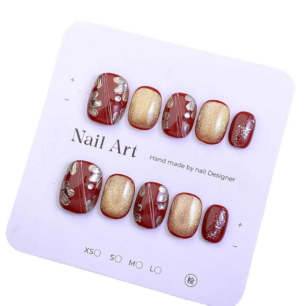 10Pcs Gradient Wine Red Gold Nails Cat Eye Pearl Foil Party Nail Art