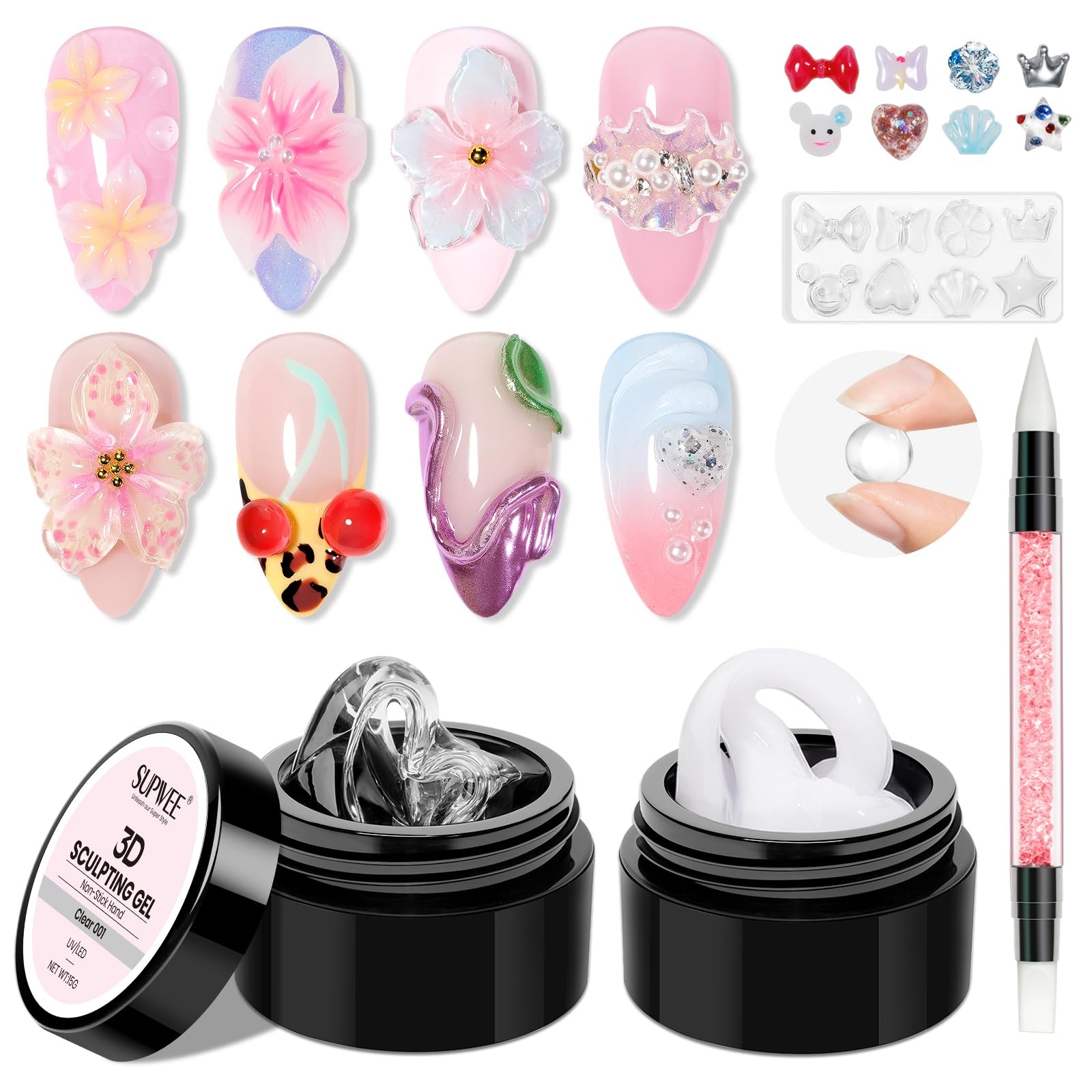 SUPWEE 3D Nail Gel Sculpting Gel for Nail Art, Clear and White Solid Gel | No…