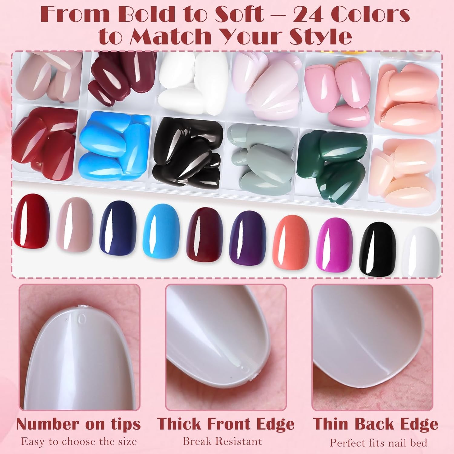 576Pcs Short Oval Press on Nails Kit, 24 Colors Glossy Fake Nails with Glue and