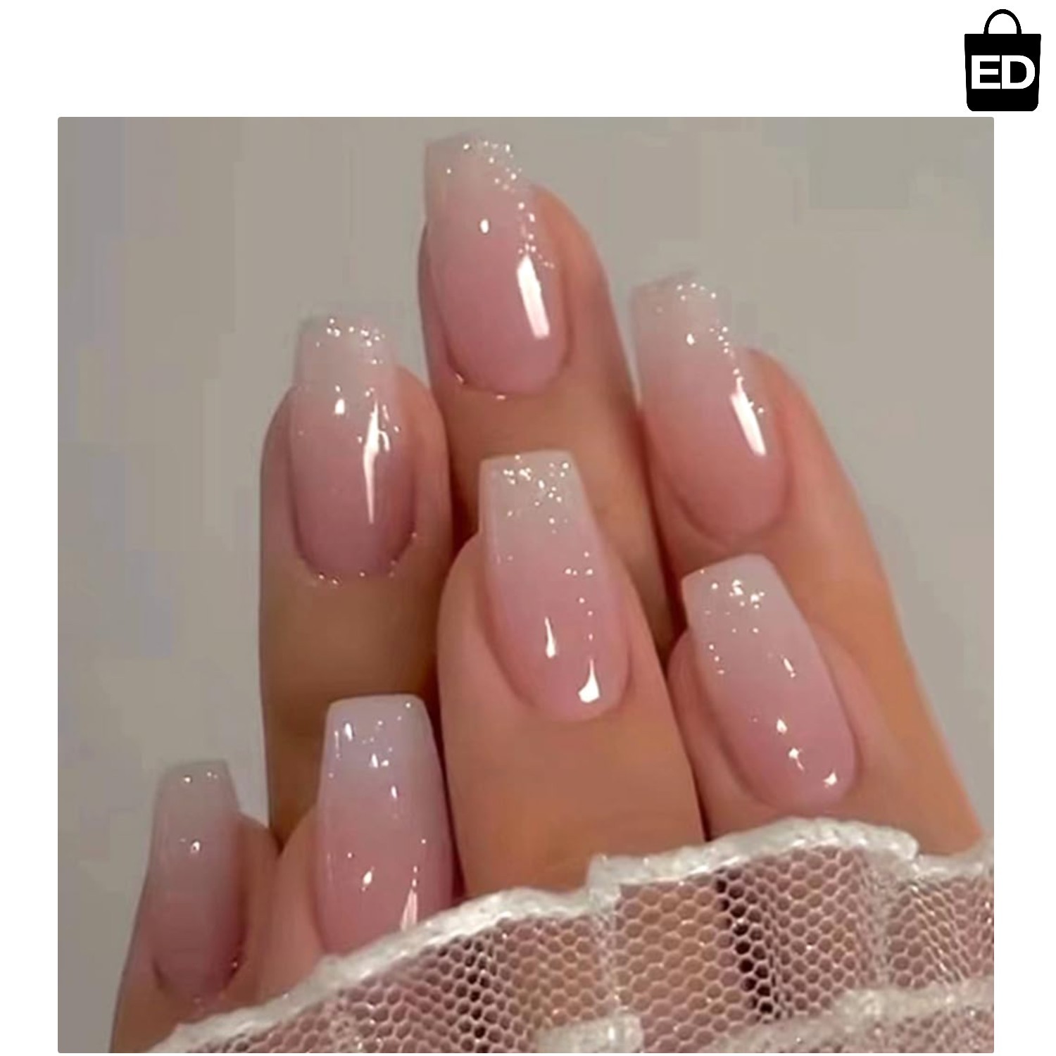 30 Pcs Ombre Pink-White Coffin Press-On Nails with Glitter – Glam Up Instantly