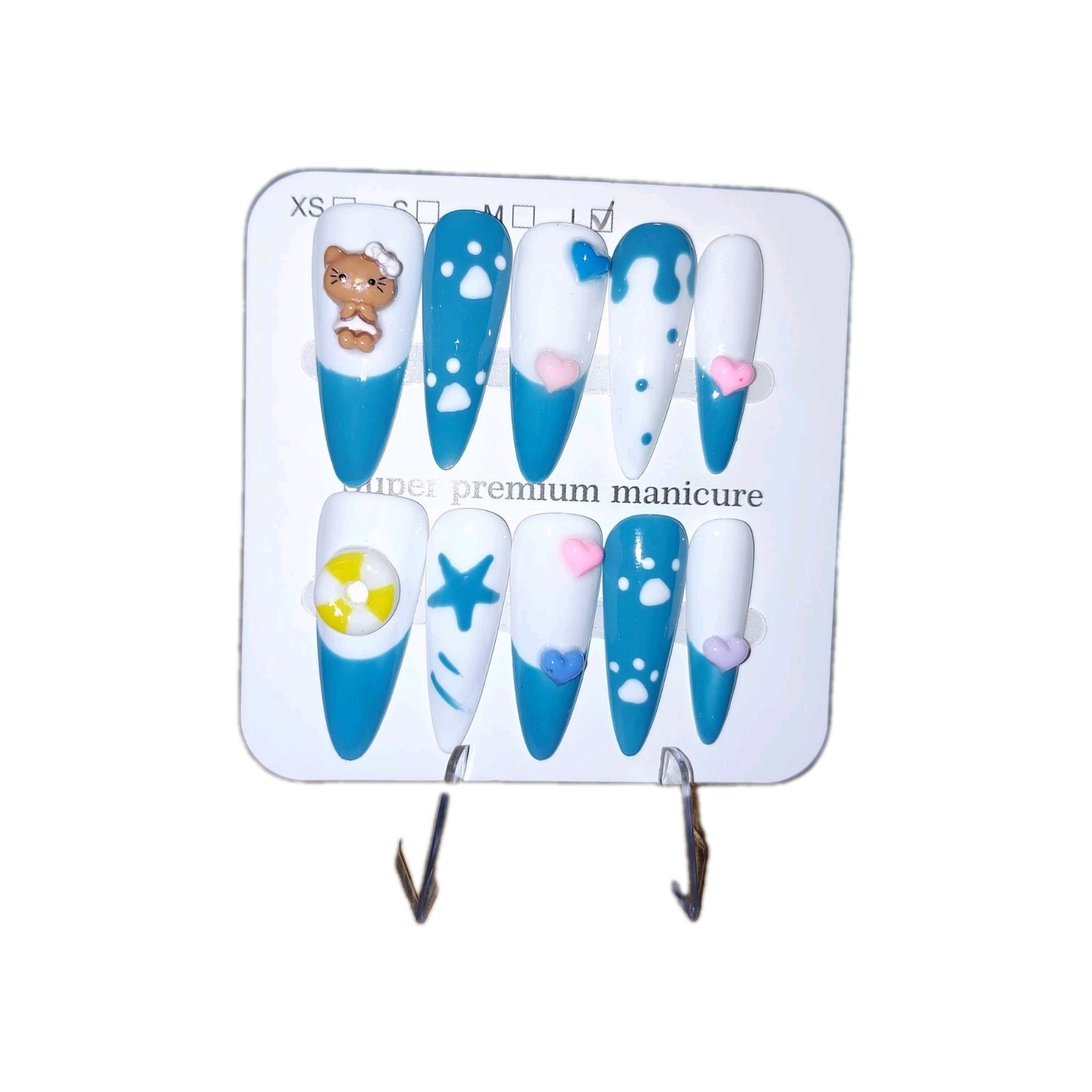 Blue White Pink 3D Animal Heart Star Stiletto Nail Art Charms Press on Nails