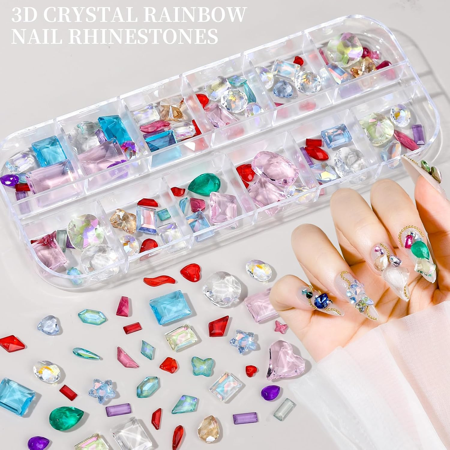 Nail Gems, 3-Box Colorful Nail Rhinestones Nail Charms and Gems, 3D Rainbow Crys