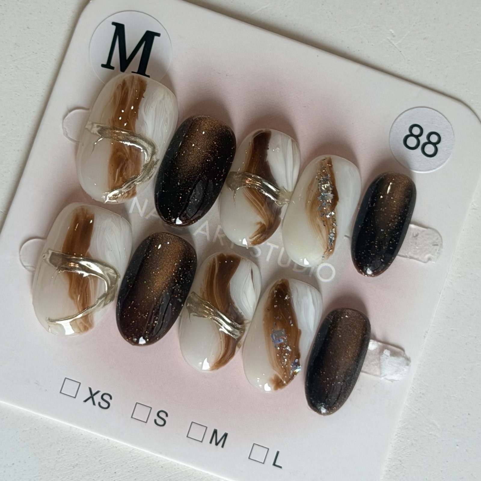 Handmade White Brown Ombre Press-On Nails Short Oval Reusable Fake Nail Size M