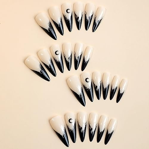 Halloween Stiletto Press on Nails Long Fake Nails Black French Glue Nq207goth
