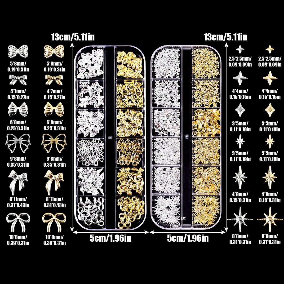 Gold Silver 3D Nail Charms 2Boxes 24Grids Bow Star Nail Gems Nail Studs Punk