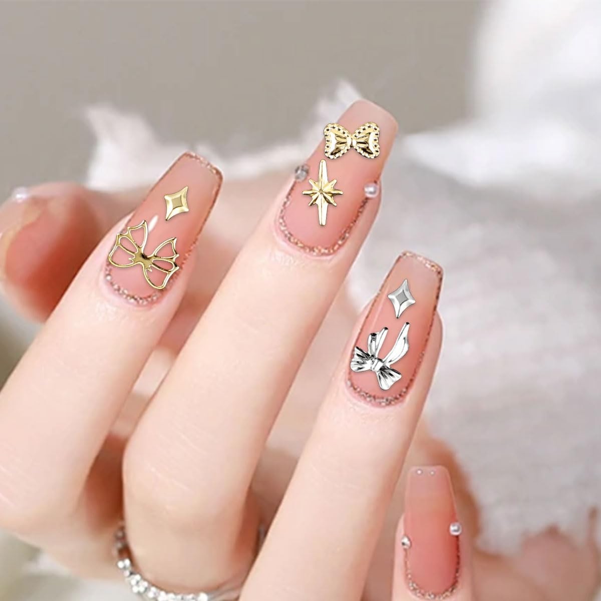 Gold Silver 3D Nail Charms 2Boxes 24Grids Bow Star Nail Gems Nail Studs Punk