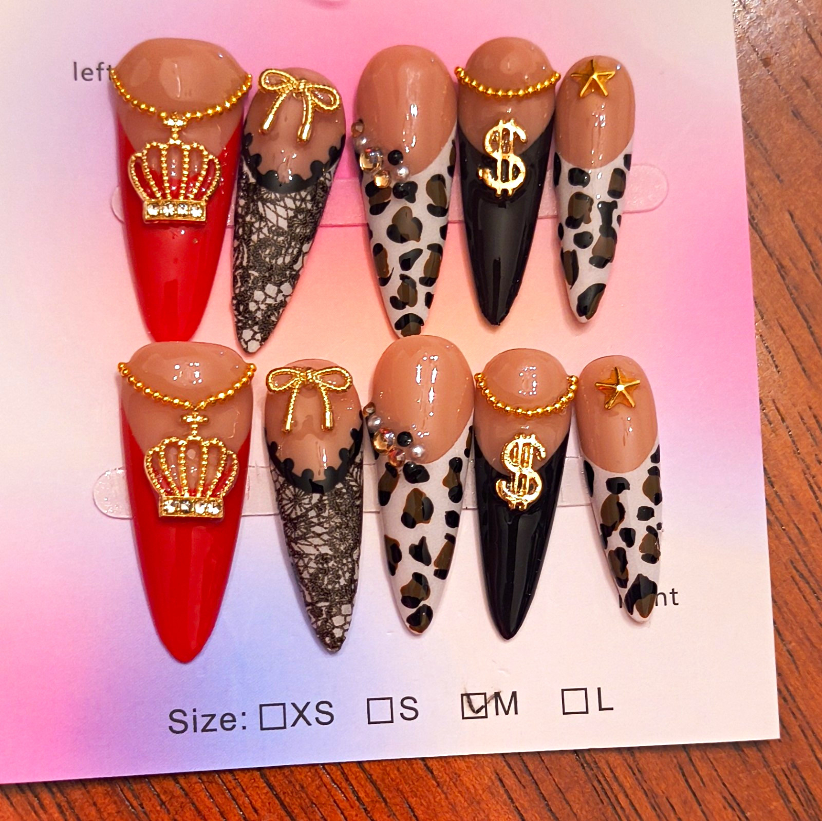 Press-On Nails Medium Stiletto Red Black Gold 3D Leopard Full Cover