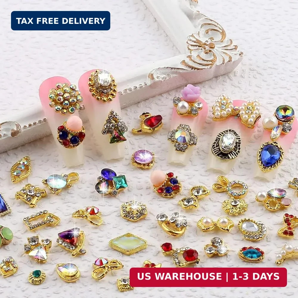 50pcs 3D Gold Nail Charms for Acrylic Nails Mix Styles Rhinestones for Nails Met