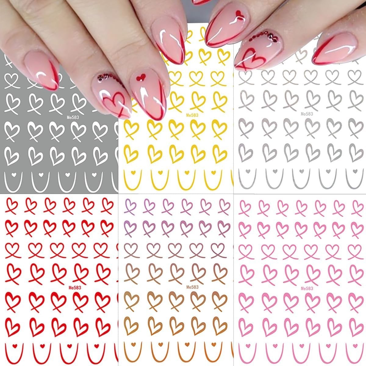 6 Sheets Valentines Nail Stickers for Nail Art Laser Colorful Heart Nail Decals