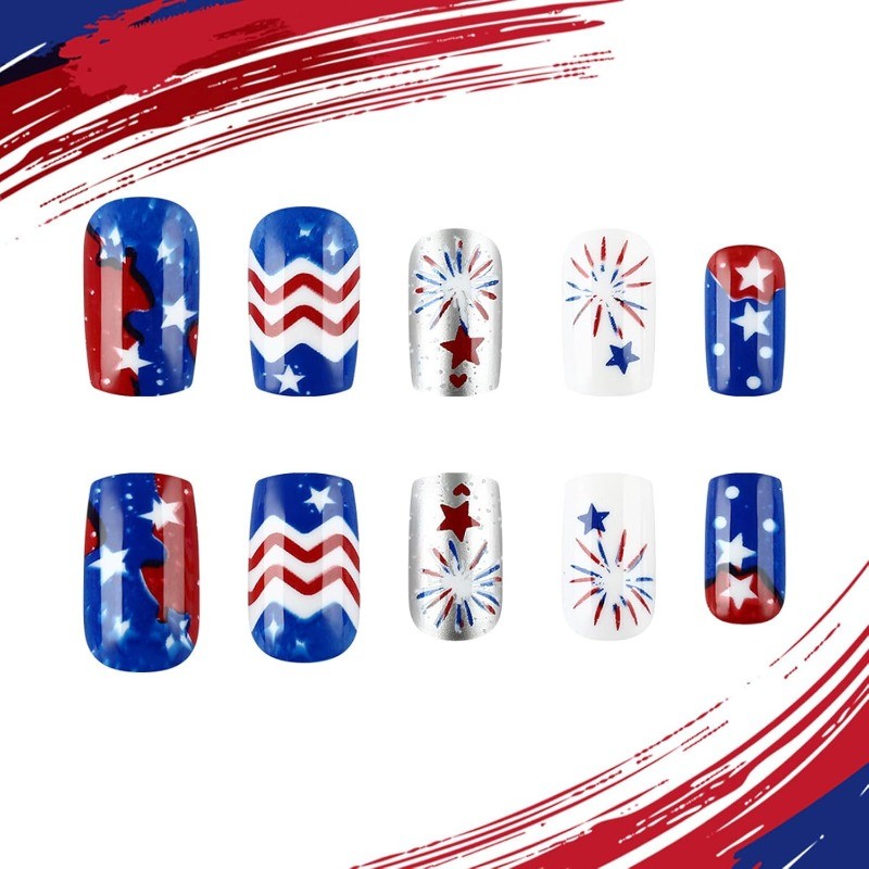 48pcs-USA Themed Press on Nails with Fireworks, Chevron and Stars, Glossy Square