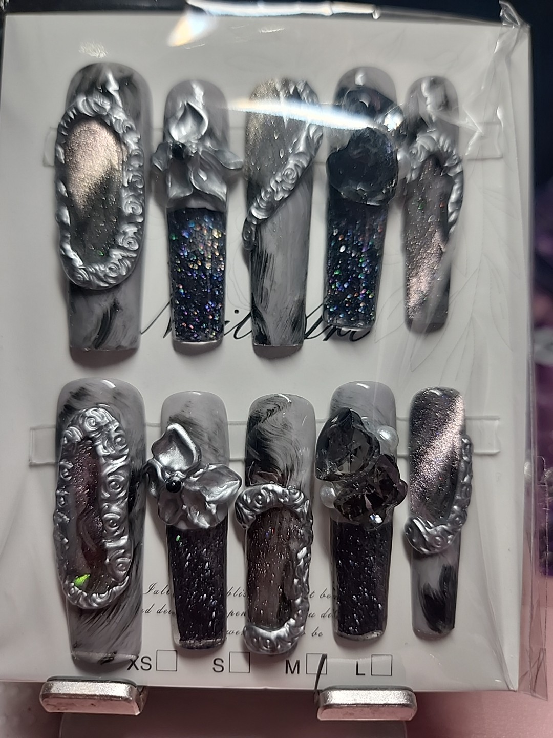 Press On Nails Handmade Medium Long Square Charcoal cateyes Water nails