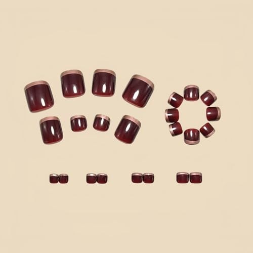 Wine Red Press on Toenails Short Square False Toenails with Designs Glossy Q25