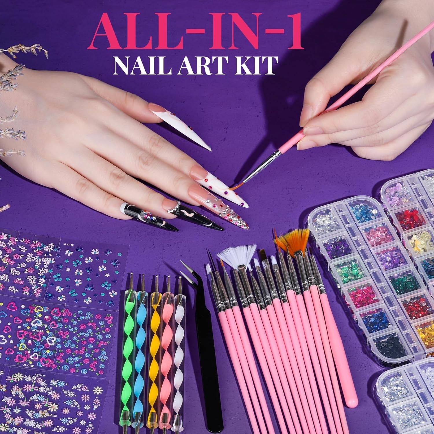 Nail Art Kit with Brushes Dotting Tools Charms Rhinestones Stickers Decoration S