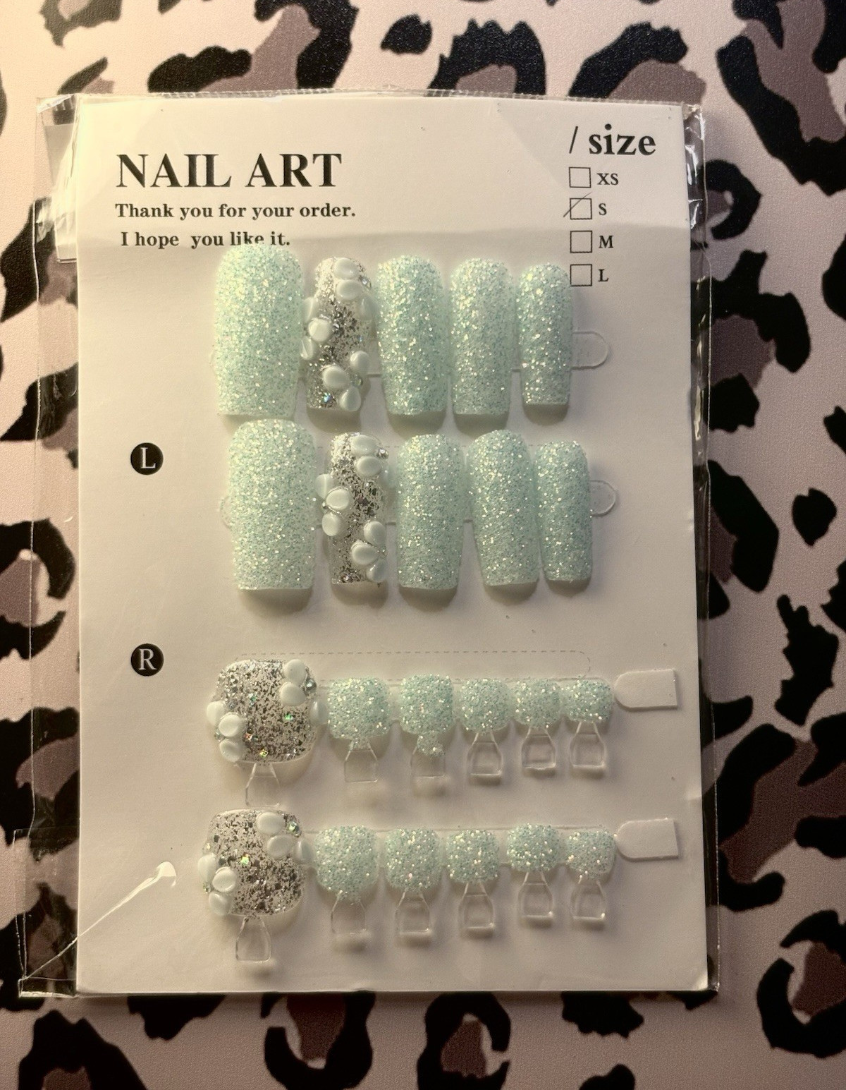 Press-On Nails Light Blue Silver Glitter 3D Heart Pre-Designed Short Square