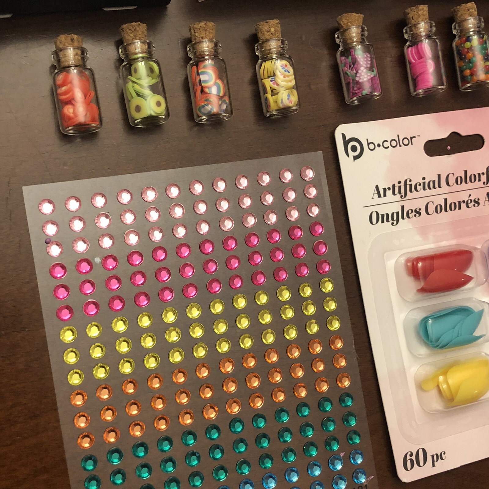 NAIL ART LOT 4X PRESS ON NAILS Adhesive Gems Food Miniatures Acrylic Jewels Jars