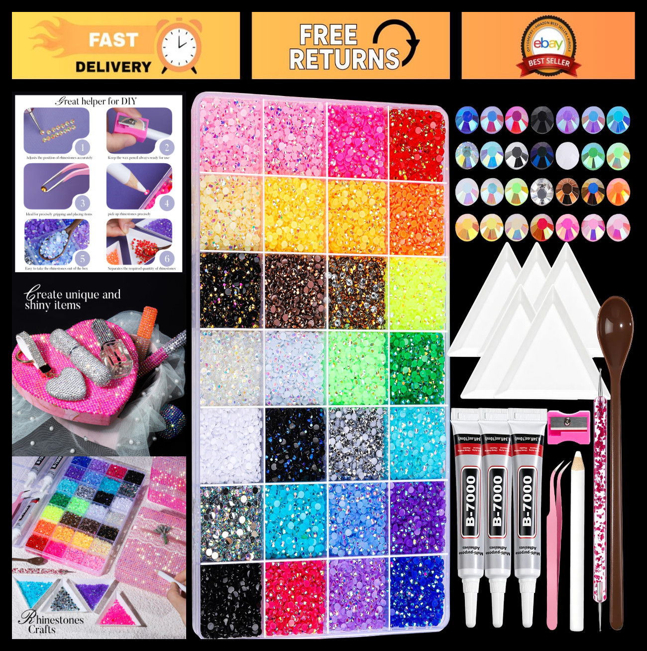 28 Colors Rhinestones Kit – 30000 Flatback Gems with B7000 Glue & Tools for Nail