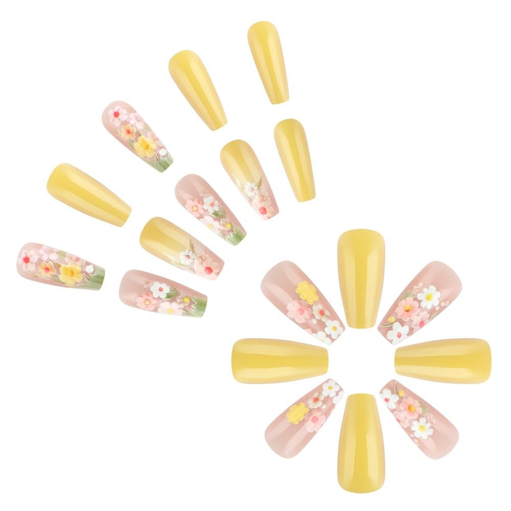 24 Pcs Flowers Press On Nails Medium Coffin Square,Spring Summer Fake Nails P…