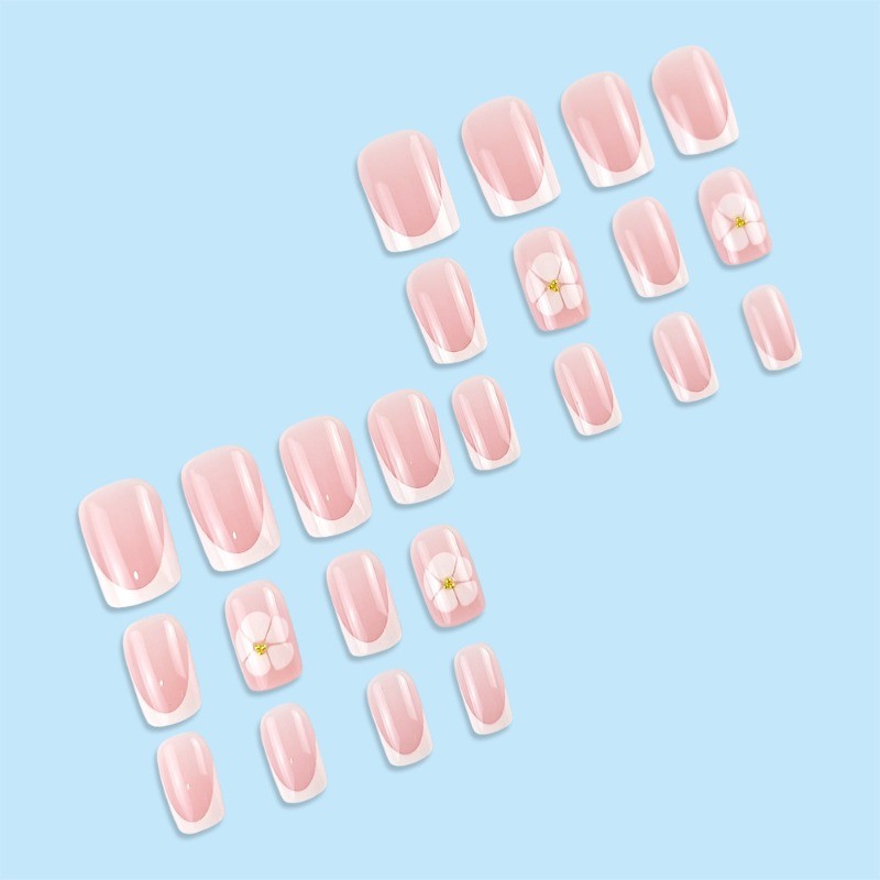 48pcs-Nude Pink French Press on Nails, Medium Square with White Flower Details