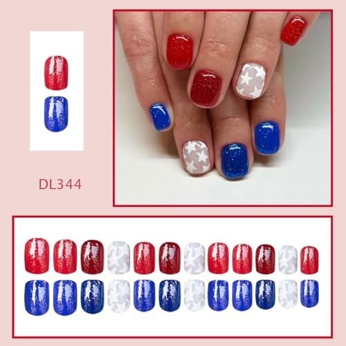 Red Blue Square Fake Nails – 4th of July – Short Color26 – Red Blue Press