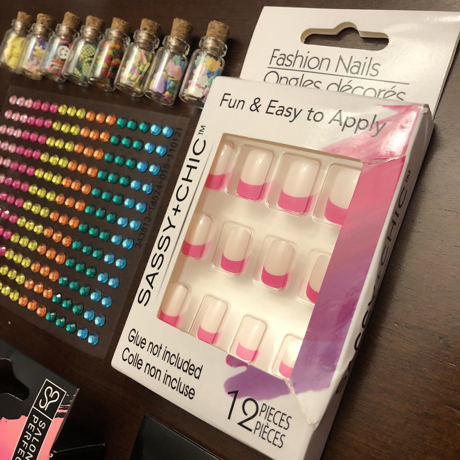 NAIL ART LOT 4 X SETS PRESS ON NAILS Polish Gems Food Miniatures Acrylic Jewels